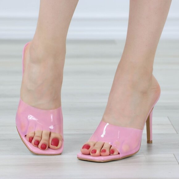 Clear Pink High Heel Sandals Square Open Toe Slip On Mules Stiletto's - Picture 4 of 13